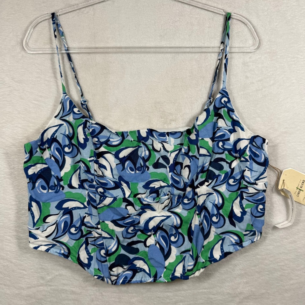 Midnight Sky Women XL Blue Green Floral Linen Blend Smocked Crop Top NWT 10840